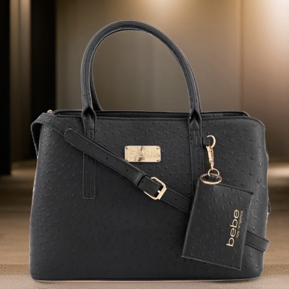 BEBE • Aubrey Ostrich Embossed Crossbody Detachable Strap Satchel with Card Case - Picture 6 of 6